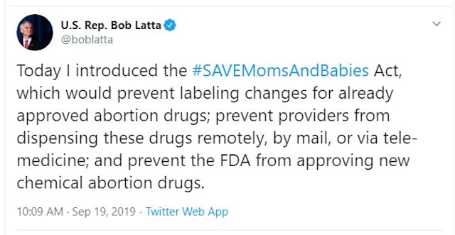 Image: Rep. Bob Latta tweets pro-life legislation to enforce FDA REMS on abortion pill