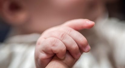baby hand holding parent's finger