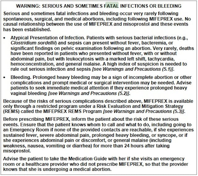 Abortion pill Mifeprex FDA warning label (2016)