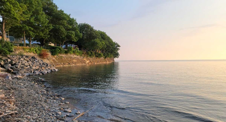Rocky Shore Beach Along Lake Erie At Dusk