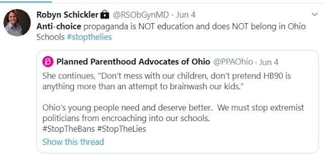 Robyn Schickler supports Planned Parenthood calls prolife anti-choice (Image: Twitter) Image: Robyn Schickler supports Planned Parenthood calls prolife anti-choice (Image: Twitter)