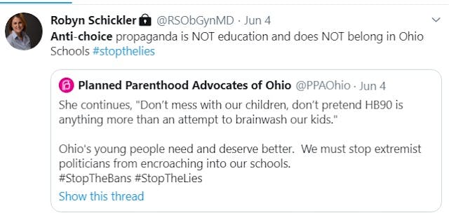 Image: Robyn Schickler supports Planned Parenthood calls prolife anti-choice (Image: Twitter)
