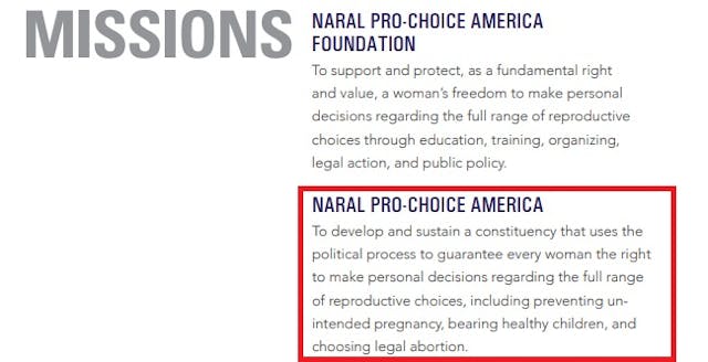 NARAL Mission includes abortion (Image NARAL 2016 AR) Image: NARAL Mission includes abortion
