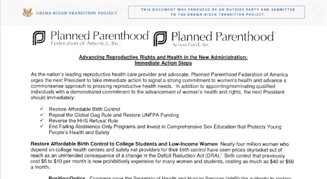 Planned Parenthood wish list to Obama Biden Transition Project
