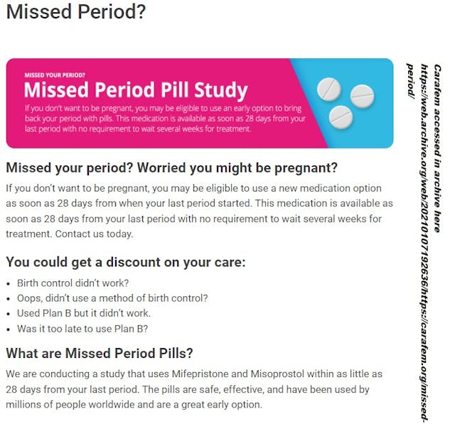 Carafem archived 2021 website Missed Period Pill uses the abortion pill regimen Image: Carafem archived 2021 website Missed Period Pill uses the abortion pill regimen