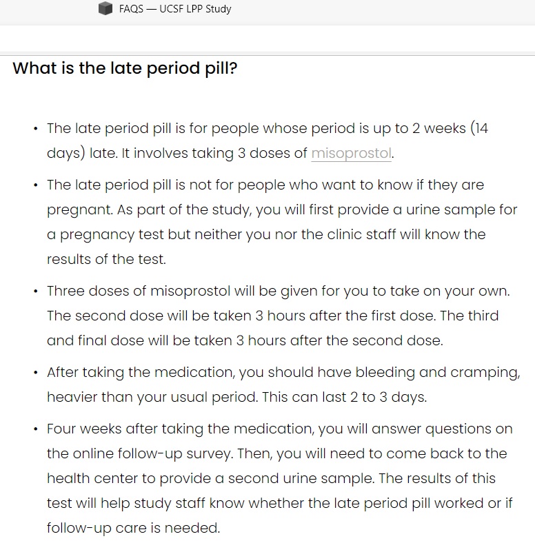 Missed Period Pills or Late Period Pill abortion study at UCSF (Image: PeriodPillStudy.org)
