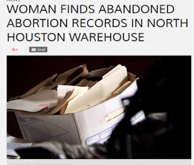 Image Credit: Screen from KTRK report: Woman finds abandoned abortion records in north Houston warehouse )