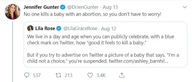 Image: Jen Gunter tweets to Live Action no one kills baby in abortion (Image: Twitter)
