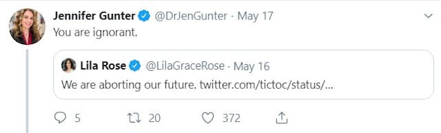 Jen Gunter calls Lila Rose ignorant (Image: Twitter) Image: Jen Gunter calls Lila Rose ignorant (Image: Twitter)