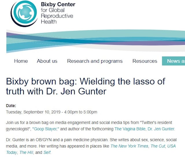 Jen Gunter to speak at the Bixby Center Image: Jen Gunter to speak at the Bixby Center