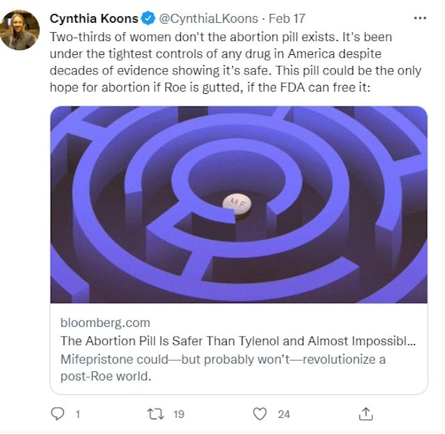 Bloomberg claims abortion pill safer than tylenol (Image: Twitter) Image: Bloomberg claims abortion pill safer than tylenol (Image: Twitter)