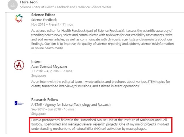 Health feedback editor worked in humanized mice program (Image credit LinkedIn) Image: Health feedback editor worked in humanized mice program
