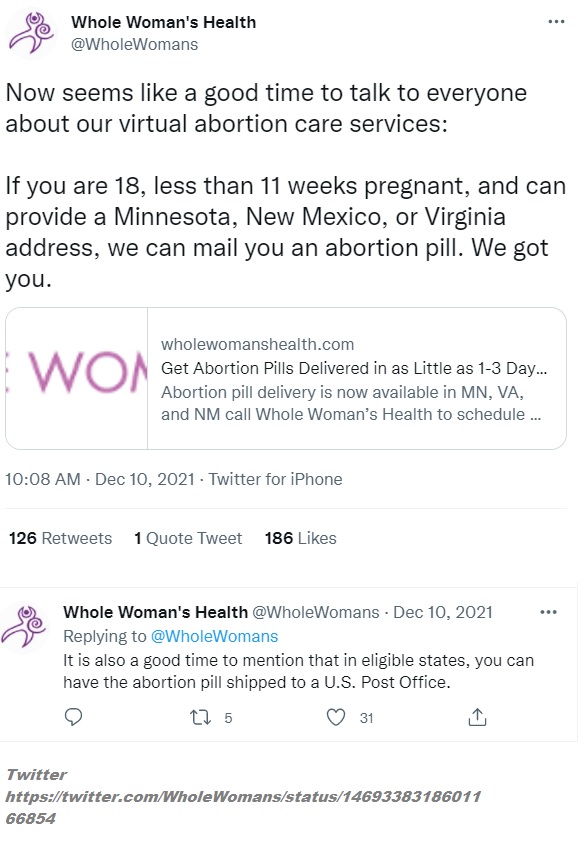 Image: Whole Woman's Health Tweet suggests shipping abortion pills to US Post Office (Image: Twitter)