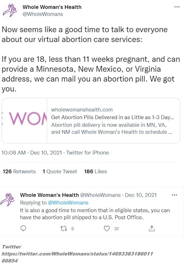Whole Woman’s Health Tweet suggests shipping abortion pills to US Post Office (Image: Twitter) Image: Whole Woman's Health Tweet suggests shipping abortion pills to US Post Office (Image: Twitter)
