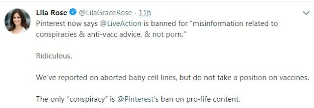 Lila Rose Tweet on Pinterest blocking Live Action Image: Lila Rose Tweet on Pinterest blocking Live Action
