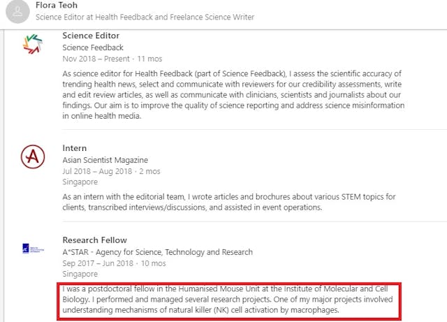 Image: Health Feedback editor of prolife site fellow in Humanised Mouse Unit (Image: LinkedIn)