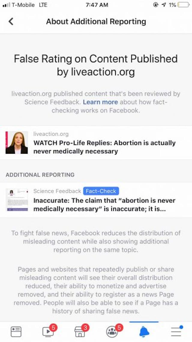 Notice of “false” rating for Pro-Life Replies post from Facebook ob/gyn