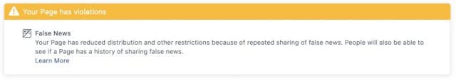 Notice received today from Facebook, labeling Live Action as “false news.”
