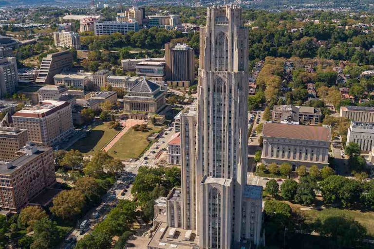 Cathedral of Learning, Late Gothic Revival Cathedral, at the University of Pittsburgh’s main campus in Pittsburgh, USA. University of Pittsburgh is 535 ft tall. The tallest university building