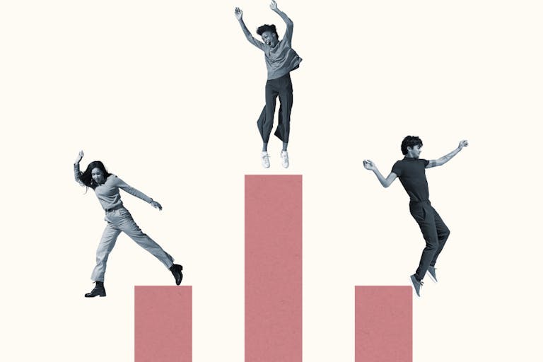 Cheerful multi-ethnic friends jumping on pink columns