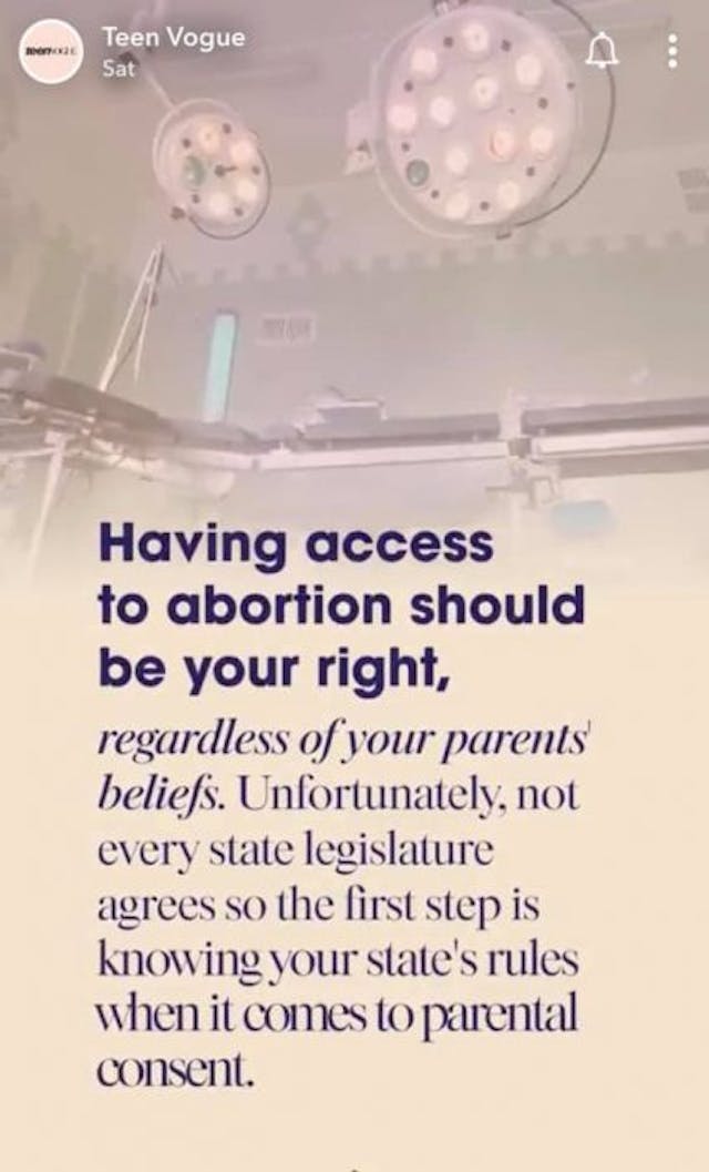 Teen Vogue snap (via Laura Klassen FB) Teen Vogue tells minors on Snapchat how to get abortions without telling parents image