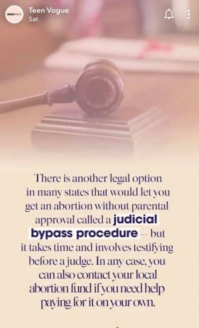 Teen Vogue snap (via Laura Klassen FB) Teen Vogue tells minors on Snapchat how to get abortions without telling parents image