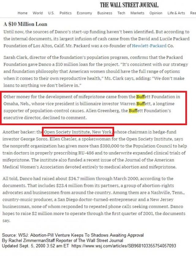 Packard, Soros, Buffett fund abortion pill mfg Danco (Image: WSJ) Image: Packard Soros Buffett funds abortion pill mfg Danco (Image: WSJ)