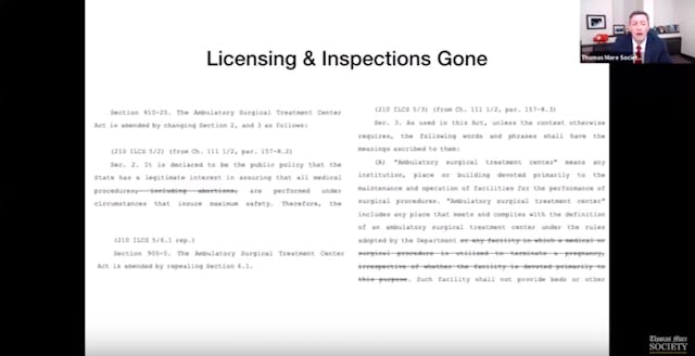 Thomas More Society webcast screenshot. “Including abortions” is removed from the paragraph at left regarding medical procedure safety. The abortion law in Illinois is even worse than we thought. Here’s a plan to fight back. image