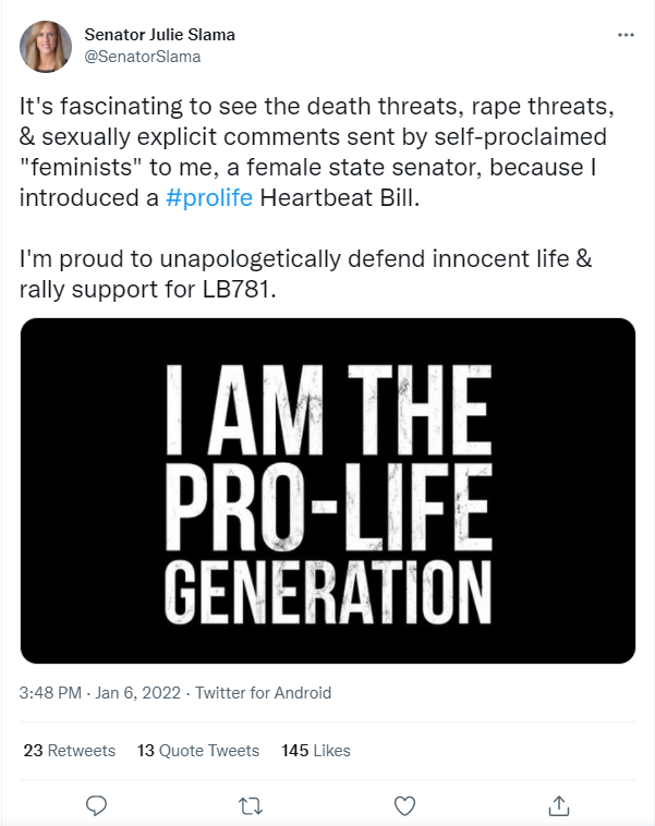 Female Nebraska senator receives rape and death threats over heartbeat legislation image