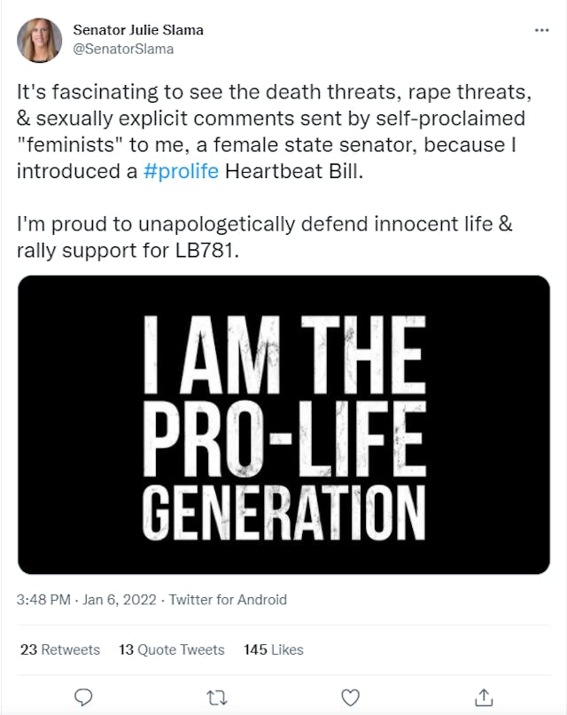 Female Nebraska senator receives rape and death threats over heartbeat legislation image