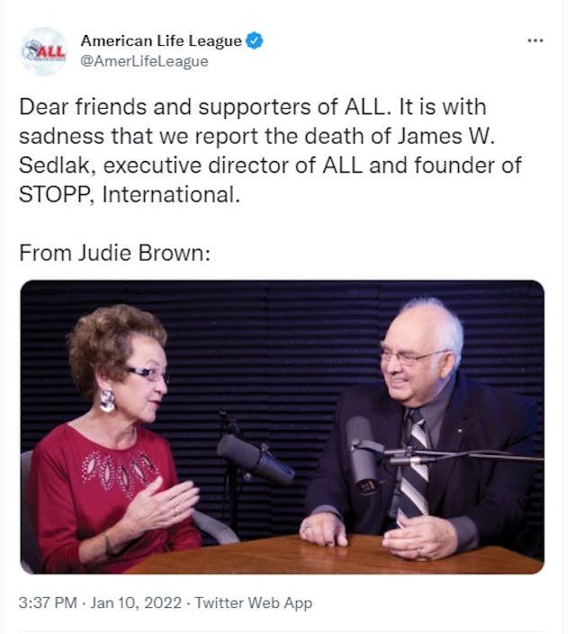 American Life League tweets sad news of the passing of Jim Sedlak (Image: Twitter) Image: American Life League tweets sad news of the passing of Jim Sedlak (Image: Twitter)