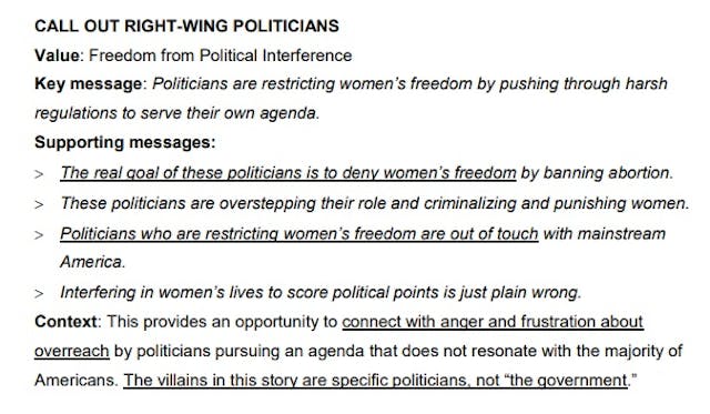 Image: NARAL abortion Messaging Memo Freedom value published by Splinter