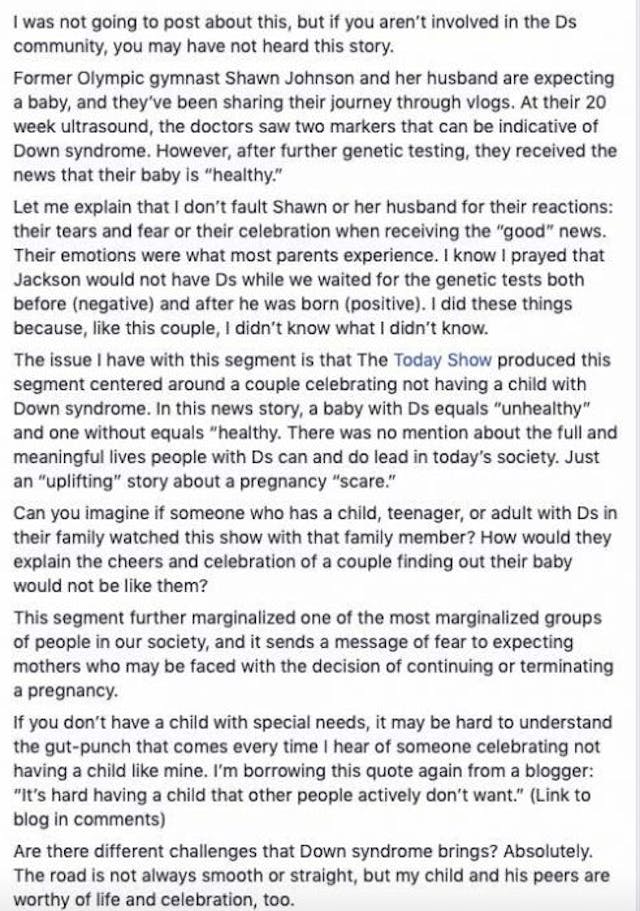 Screenshot, Natalie Gilbert Palin post (Facebook) SHAME: Today Show portrayed Down syndrome in a purely negative light. Here’s what they didn’t tell you. image