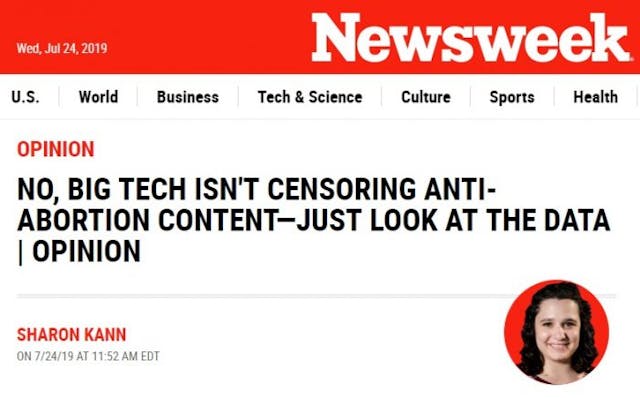 Sharon Kann pens inaccurate Newsweek piece on social censorship of pro-life groups Image: Sharon Kann pens inaccurate Newsweek piece on social censorship of pro-life groups
