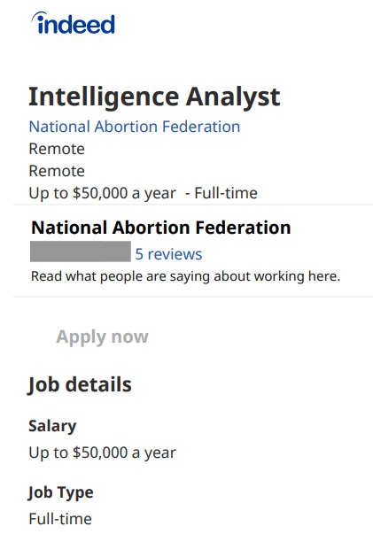 Image: National Abortion Federation (NAF) Indeed Job Posting for Intelligence Analyst
