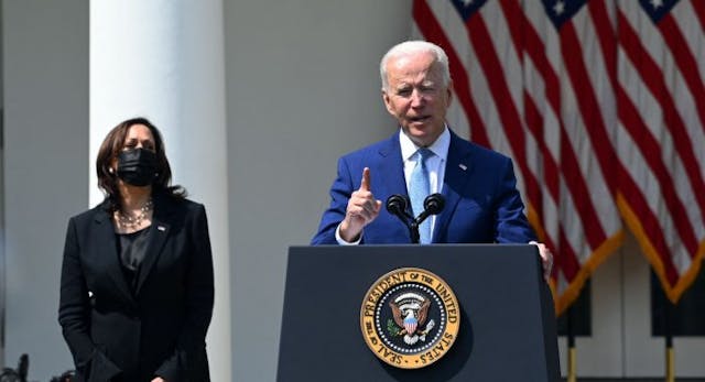 US President Joe Biden, with Vice President Kamala Harris, speaks about gun violence prevention in the Rose Garden of the White House in Washington, DC, on April 8, 2021… (Photo by BRENDAN SMIALOWSKI/AFP via Getty Images) Biden HHS, Women's Health Protection Act