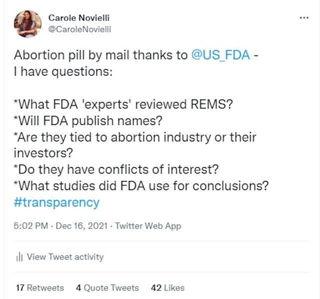 Questions for FDA on abortion pill by mail expansion (Image: Carole Novielli on Twitter) Image: Questions for Food and Drug Administration (FDA) on abortion pill by mail expansion (Image: Carole Novielli on Twitter)
