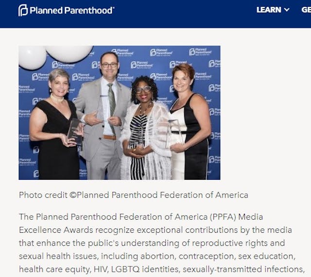 Image: Planned Parenthood Media Excellence Award June 2019 to Mo abortion docs (Image: Screen of website accessed 06/27/2019)