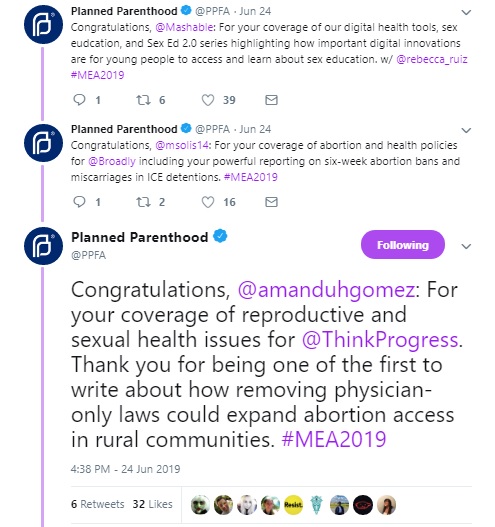 Image: Planned Parenthood 2019 Award Mashable Broadly and Think Progress (Image: Twitter)