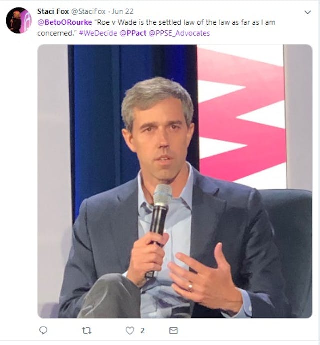 BETO June 2019 We Decide Forum w/ Planned Parenthood (Image: Twitter) Image: BETO June 2019 We Decide Forum w/ Planned Parenthood (Image: Twitter)