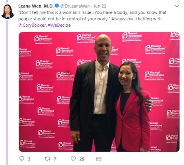 Cory Booker June 2019 We Decide Forum w/ Planned Parenthood (Image: Twitter) Image: Cory Booker June 2019 We Decide Forum w/ Planned Parenthood (Image: Twitter)