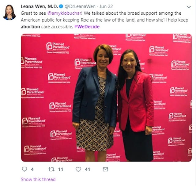 Amy Klobuchar June 2019 We Decide Forum w/ Planned Parenthood (Image: Twitter) Image: Amy Klobuchar June 2019 We Decide Forum w/ Planned Parenthood (Image: Twitter)