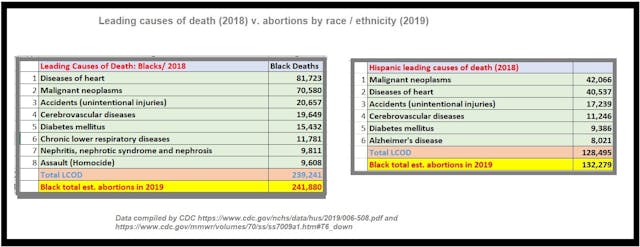 Black and Hispanic abortions in 2019 v 2018 leading causes of death (Chart: Live Action News) Image: Black and Hispanic abortions in 2019 v 2018 leading causes of death (Chart: Live Action News)