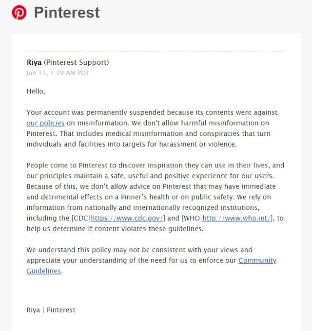 Message from Pinterest noting Live Action’s sudden and permanent banning from Pinterest PINTEREST CENSORSHIP: Timeline of events leading to the Live Action ban image