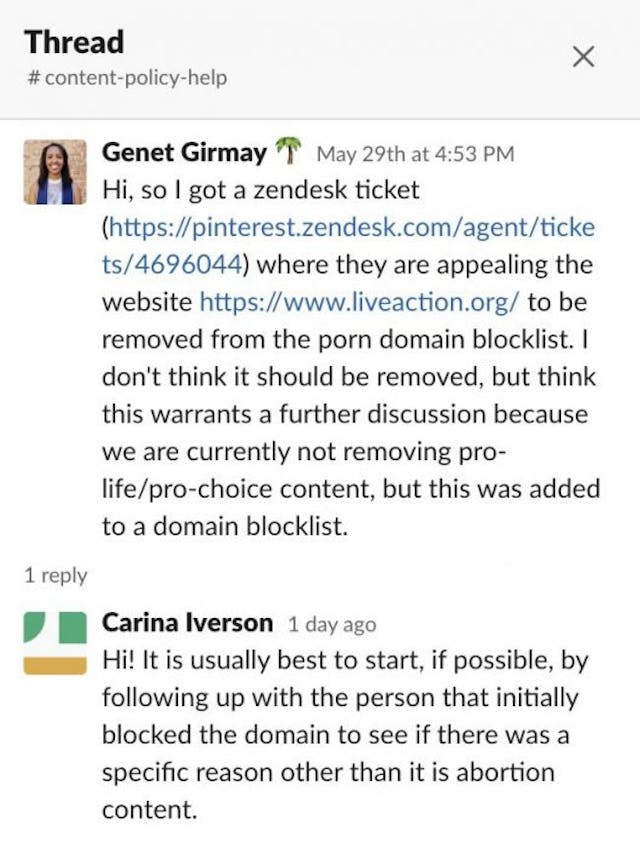 Image regarding Live Action’s porn domain blocklist issue (Slack) INSIDER EXPOSÉ: Pinterest labels Live Action content as ‘porn,’ then bans account image