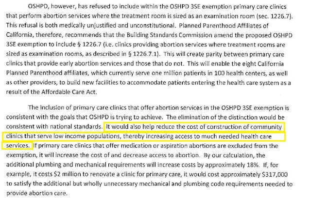 Excerpt of Planned Parenthood letter to OSHPD