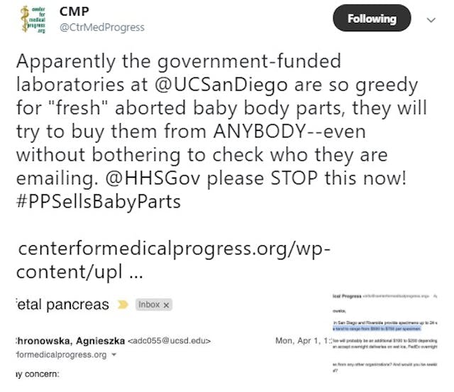 CMP Tweet claims tax funded laboratory at UCSD sought fetal aborted baby body parts Image: Tweet from CMP about go funded laboratory and fetal body parts request from UCSD