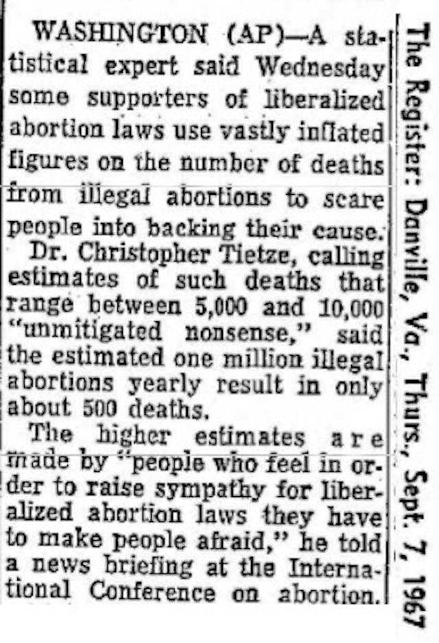Tietze Illegal Abortion Deaths Inflated 1967 Image: Tietze Illegal Abortion Deaths Inflated 1967