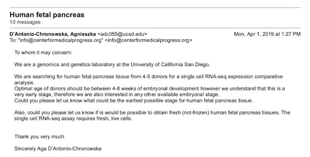 Email from UCSD to CMP for human fetal pancreas Image: Email from UCSD to CMP for human fetal pancreas
