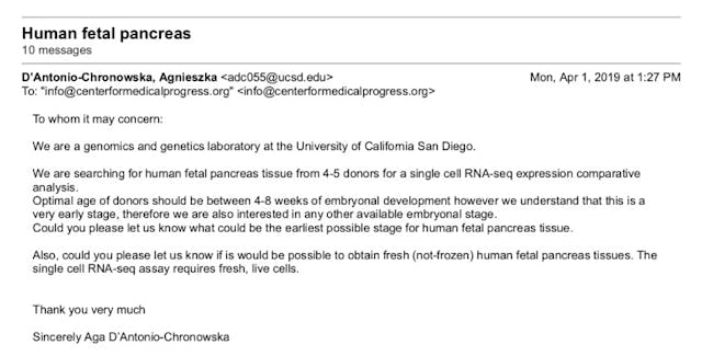 Image: Email from UCSD to CMP for human fetal pancreas